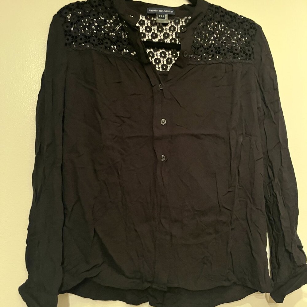 French Connection Black Long Sleeve Blouse Women’s Size 8 Cotton Buttons Eyelets